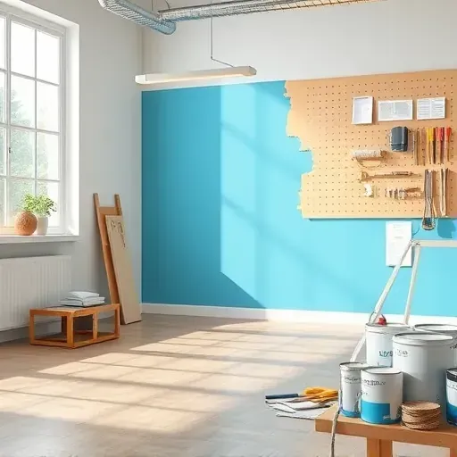 Organized painter's workshop in Innsbrook, VA with colorful walls, paint supplies, tools, and natural light.