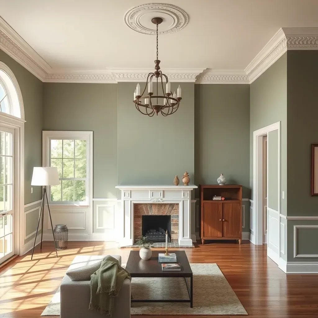 Spacious Laurel, VA living room with freshly painted neutral walls, natural light, painting tools, and protected hardwood floors.