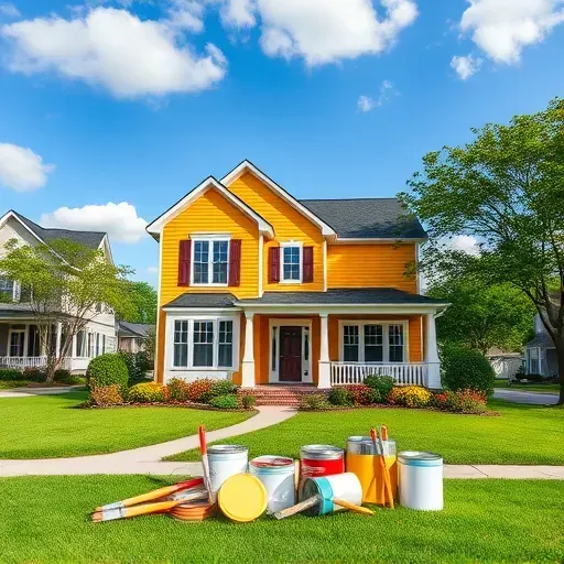 Beautifully painted home in Moseley VA with vibrant colors, manicured lawn, organized supplies, and clear blue sky.