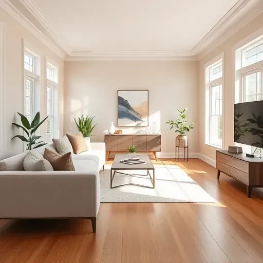 Interior of a freshly painted, stylish living room in Manakin Sabot, VA with modern neutral walls, elegant moldings, and natural sunlight.