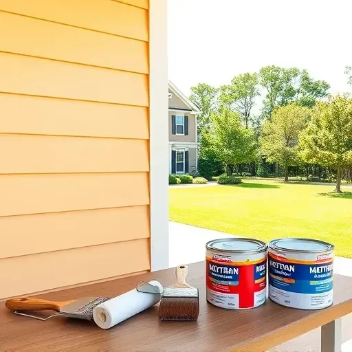 Finished painting project in Glenburnie, VA with tools and a vibrant, professionally painted exterior wall, sunny outdoor setting.