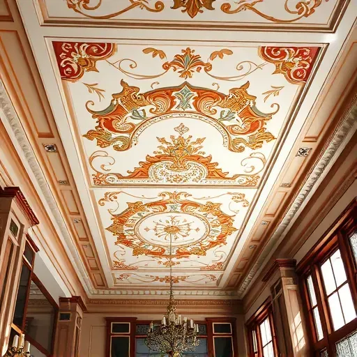 Elegant Richmond VA ceiling painting with intricate motifs, vibrant colors, ornate moldings, and rich architectural details