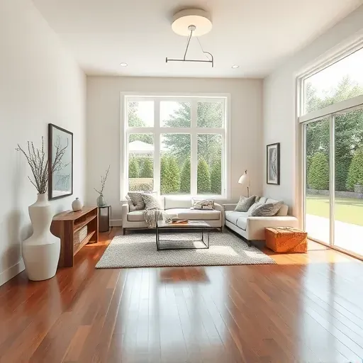 Bright living room with freshly painted neutral walls, hardwood floors, modern decor, and large windows overlooking landscaped yard.