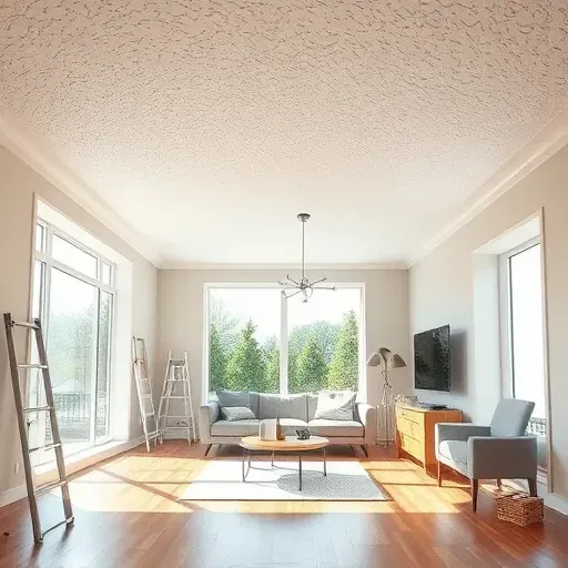 Spacious Richmond VA living room with smooth ceiling, natural light, hardwood floors, modern decor, showcasing ceiling removal.