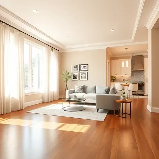 Freshly painted modern living room in Atlee, VA featuring beige walls, white molding, and natural light from large windows.