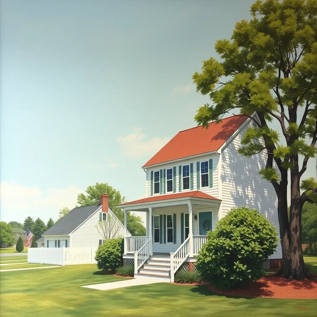 Detailed landscape of Goochland, VA featuring a winding country road, lush trees, wildflowers, rolling hills, a farmhouse, and blue sky.