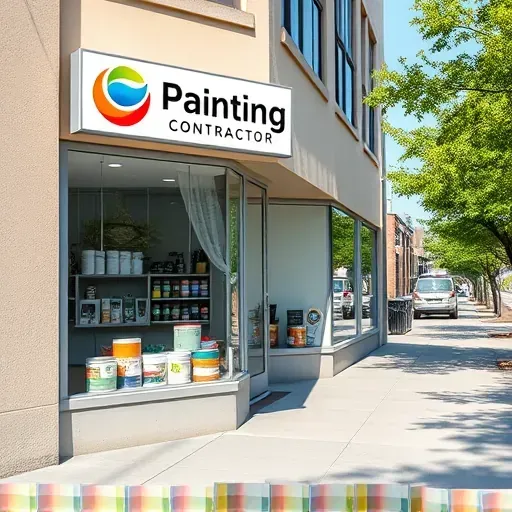 Painting contractor's modern storefront in Henrico, VA, with vibrant facade, organized supplies, and lush neighborhood surroundings.