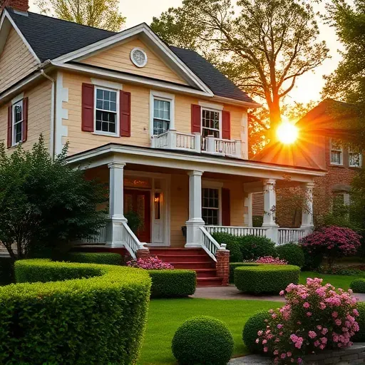 Elegant freshly painted home in Dumbarton VA with beige exterior, white trim, and lush greenery at sunset.