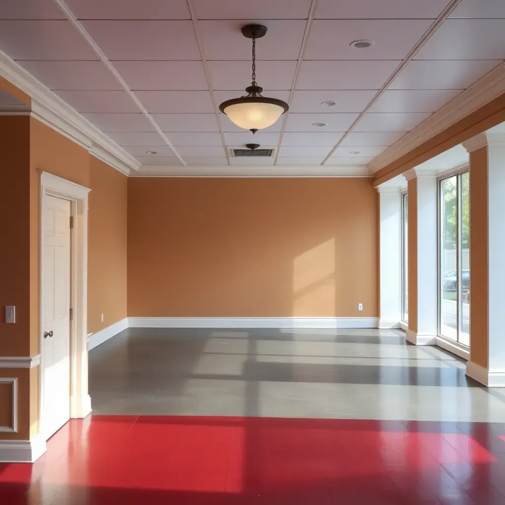 Interior commercial space in Richmond, VA showroom during painting prep, with taped walls, protective coverings, and painting tools.