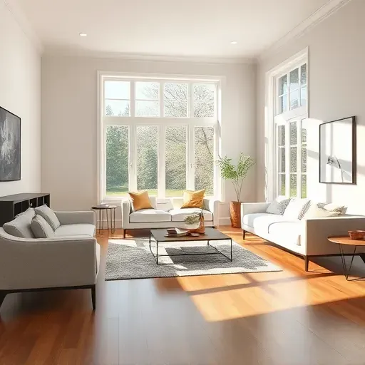 Freshly painted living room in Laurel, VA with neutral walls, natural light, polished hardwood floors, and modern decor.
