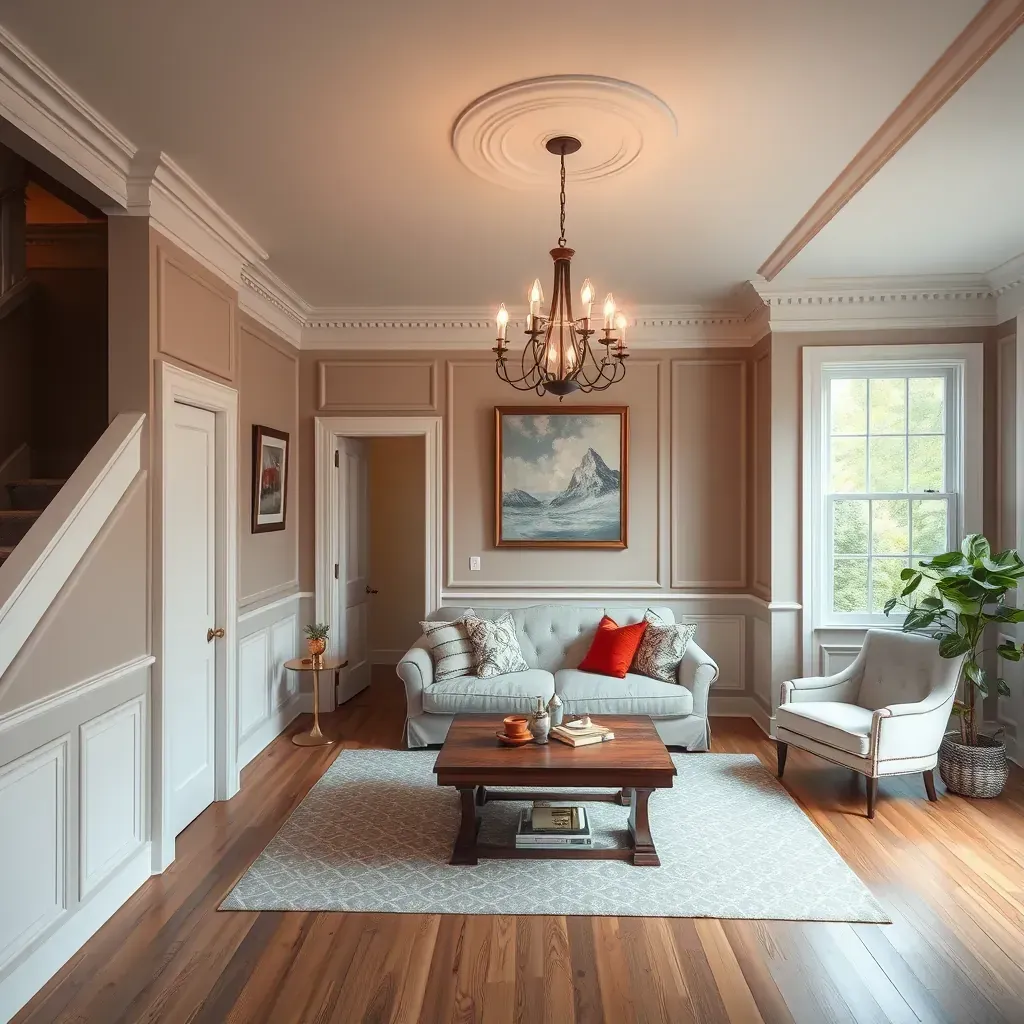 Interior of a freshly painted soft gray room in Richmond, VA with white crown molding, hardwood floors, and natural light.