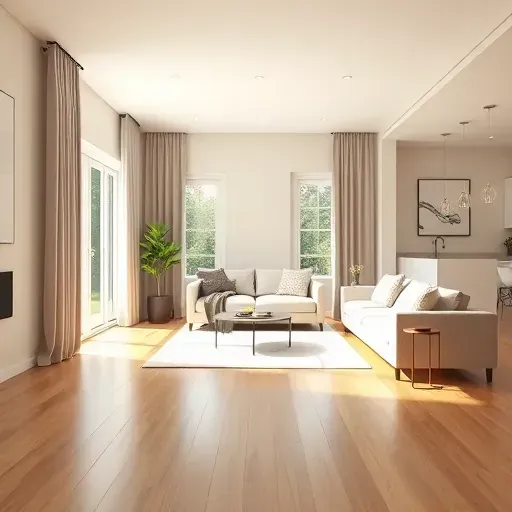 Freshly painted beige living room in Laurel VA with wooden floors, large windows, minimalist decor, and open-concept design