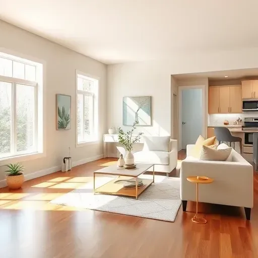 Freshly painted modern living room in Powhatan Virginia with neutral walls, natural light, polished hardwood, and stylish decor