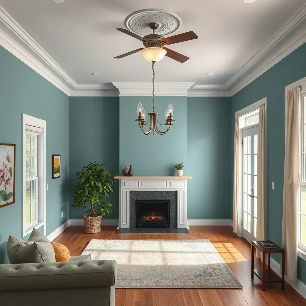 Bright, freshly painted beige walls in a modern Sandston, VA living room with white trim, hardwood floors, and painting tools.