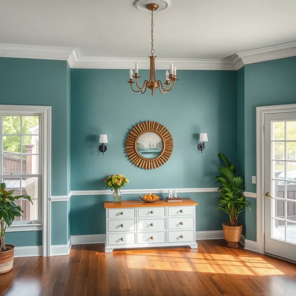 Freshly painted living room in Glen Allen, VA with beige walls, white trim, natural light, furniture, and painting supplies.