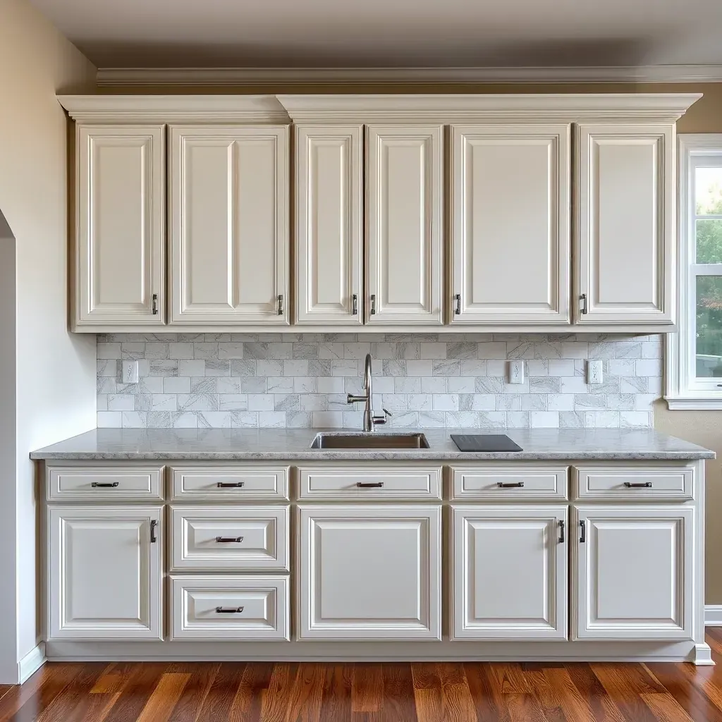 Refinished kitchen cabinets in Richmond, VA with glossy finish, modern decor, granite countertops, and warm hardwood flooring.