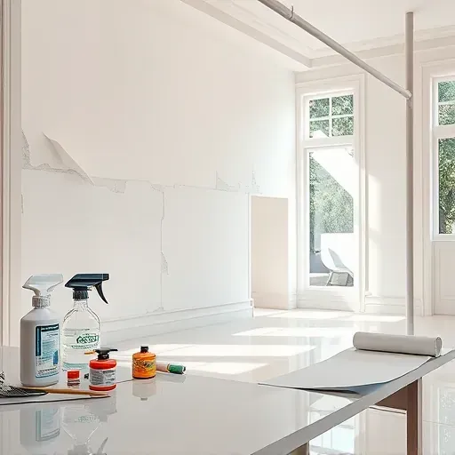 Professional wallpaper removal in Richmond VA showing tools, clean drywall, and a bright, professional interior space