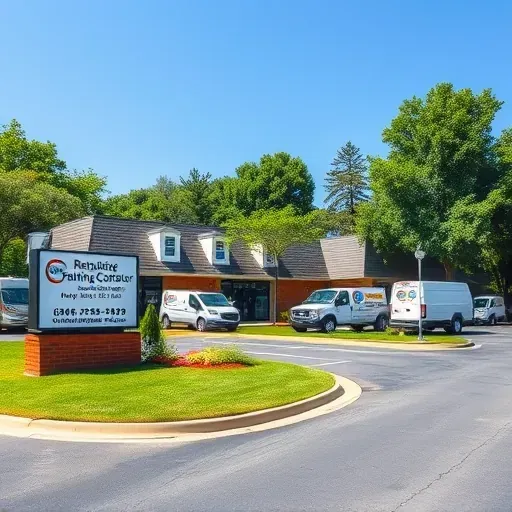 Painting contractor’s modern Lakeside, VA business with branded vans, lush surroundings, and freshly painted building exterior.