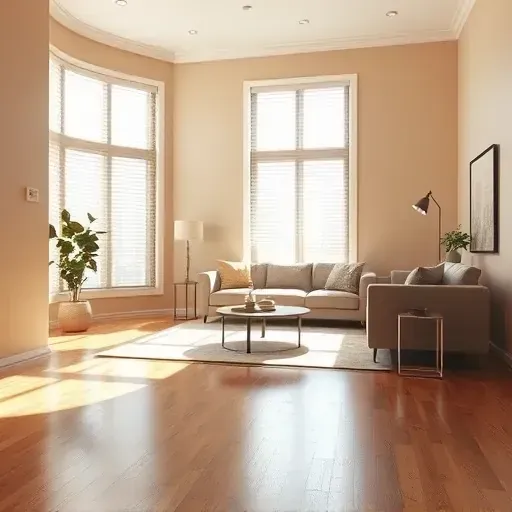 Freshly painted warm neutral living room in Richmond VA with elegant windows, modern furniture, sleek hardwood floors, and decorative touches