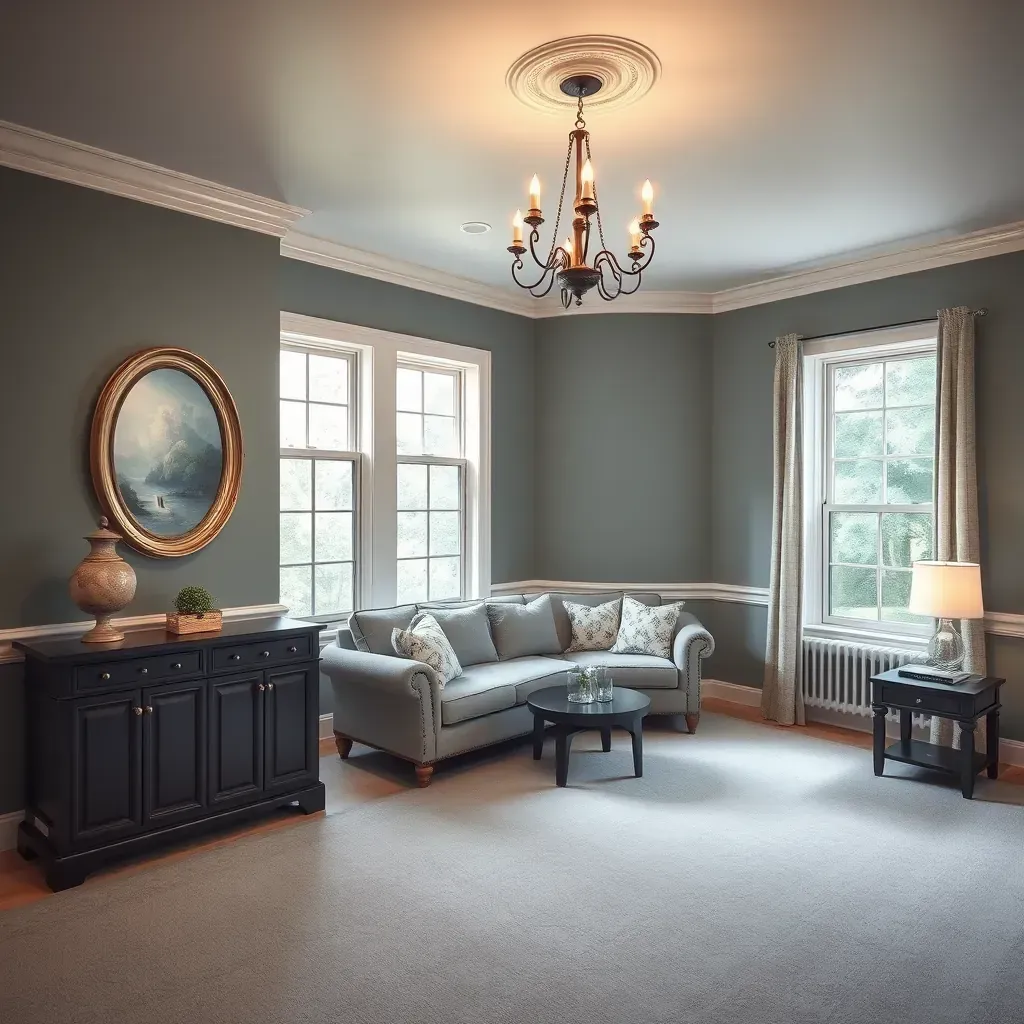 Bright Hanover, VA living room with beige walls, natural light, modern decor, painter's tools, and freshly finished surfaces.