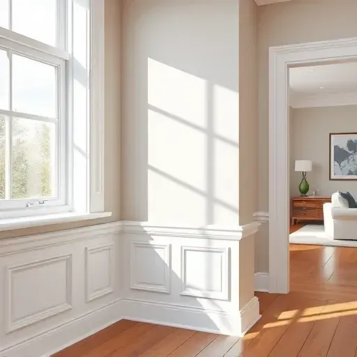 Finished white crown molding and baseboards in a modern Richmond interior with natural light and minimal decor