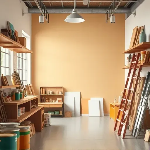 Modern Glen Allen, VA painting workshop with tools, vibrant wall, paint samples, and organized, professional workspace.