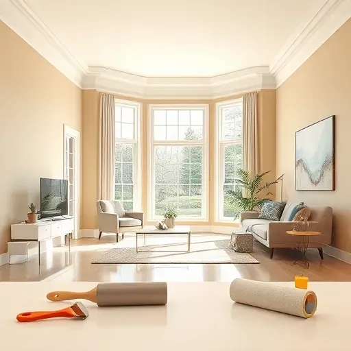 Freshly painted modern living room in New Kent VA with flawless neutral walls, stylish decor, and natural sunlight.