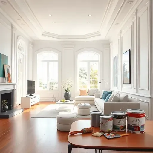 Interior of a freshly painted living room in Glen Allen VA with white walls crown molding modern decor hardwood floor and painting tools