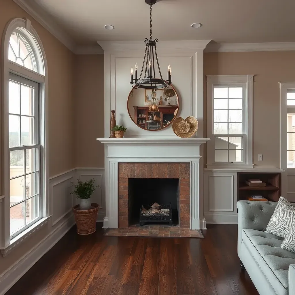 Interior of a warmly lit living room with neutral walls, hardwood floors, elegant crown molding, modern art, and stylish furniture.
