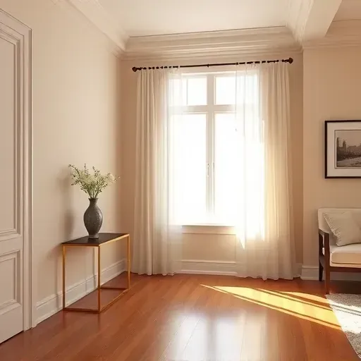 Freshly painted Tuckahoe VA interior with warm neutral walls, crown molding, hardwood floors, natural light, and elegant decor