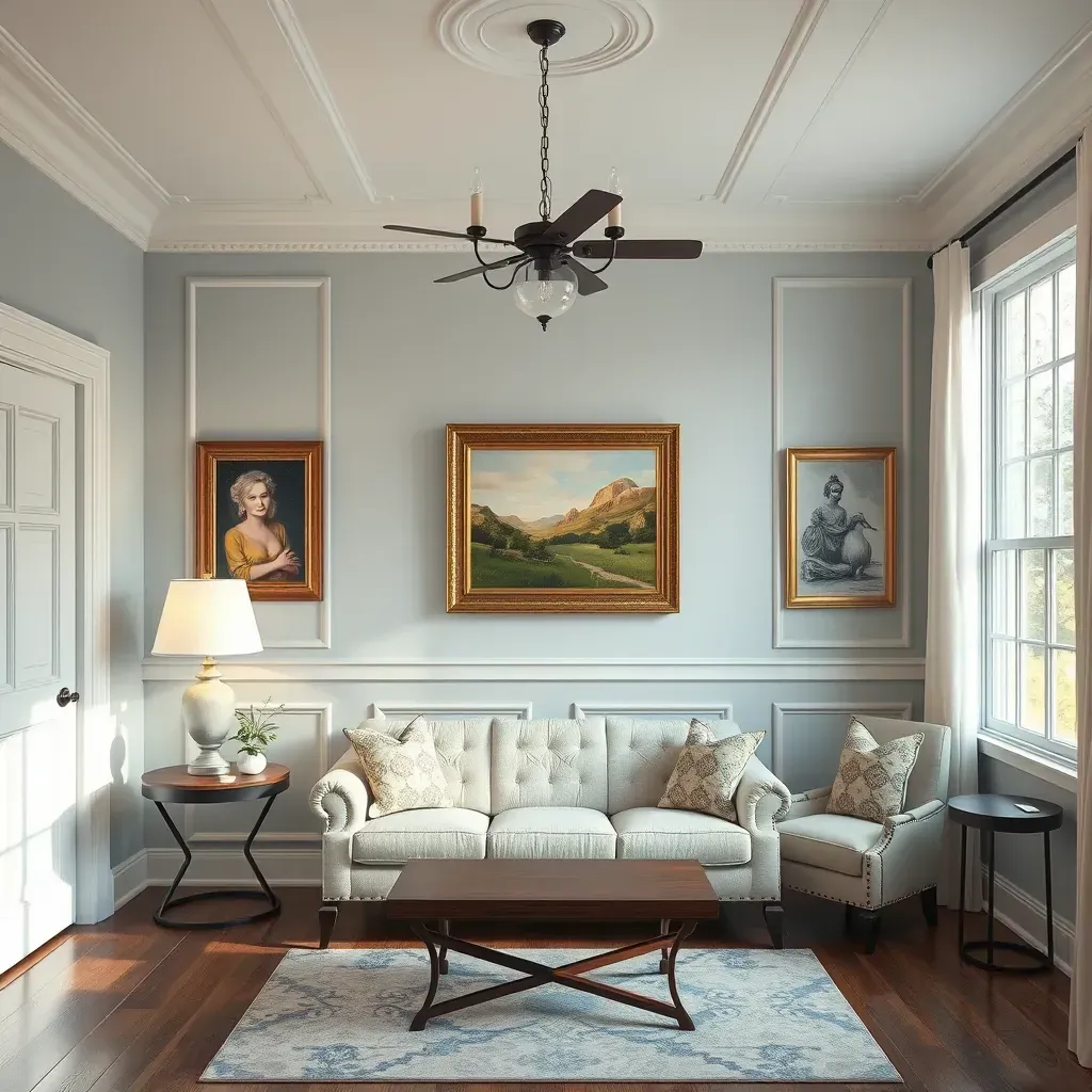Bright, freshly painted living room in Wyndham, VA with soothing wall colors, natural light, and professional painting tools.