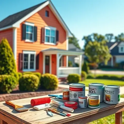 Organized outdoor painting workspace in Quinton, VA, featuring painted home, tools, greenery, and a peaceful neighborhood.