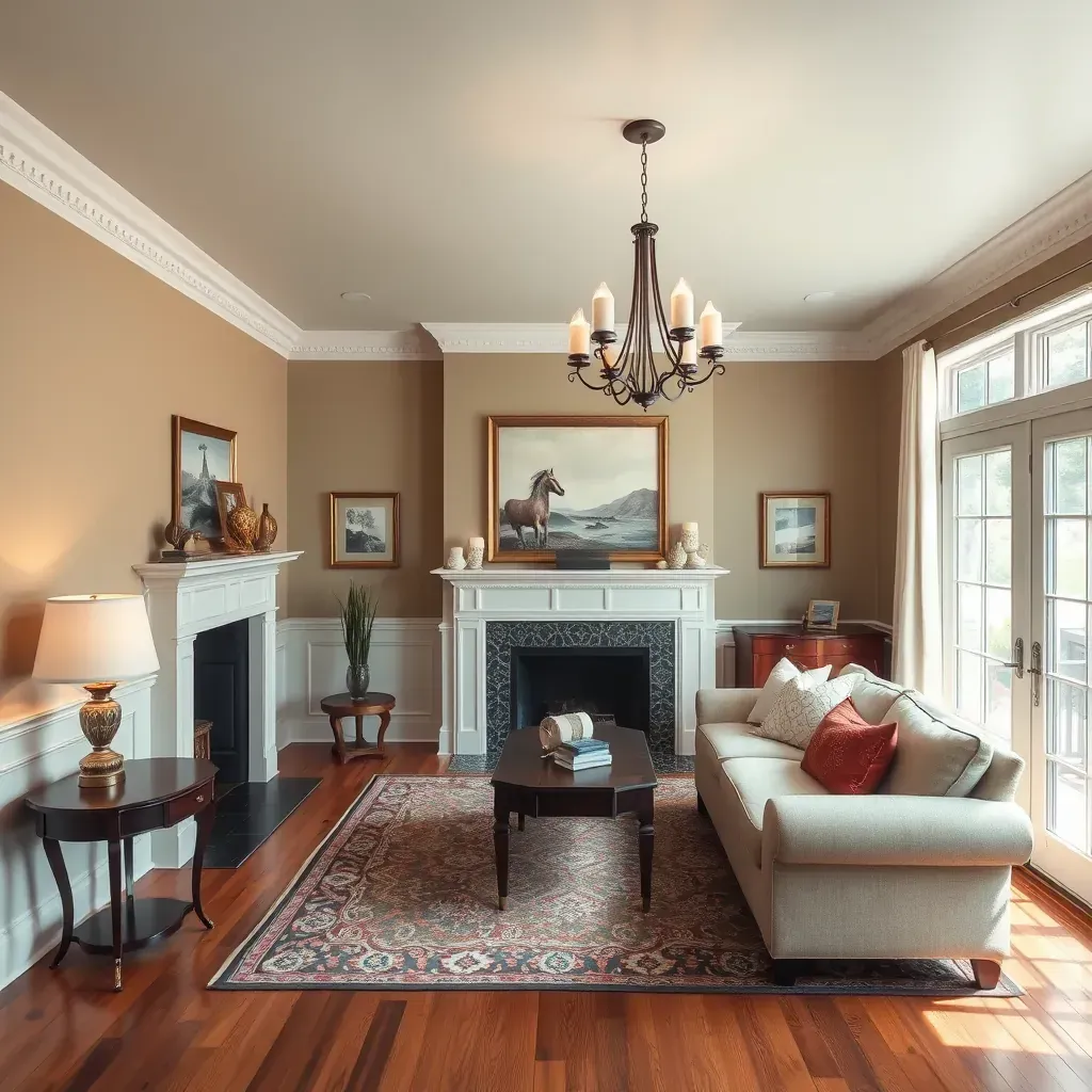 Spacious Bensley, VA living room with soft beige walls, white crown molding, hardwood floors, and natural light.