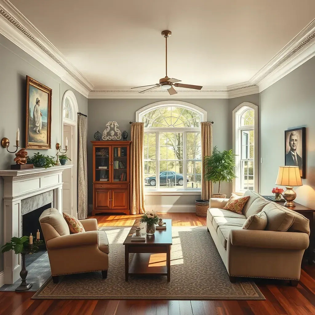 Beautiful renovated Meadowbrook, VA living room with warm beige walls, natural sunlight, modern furniture, and cozy decor.