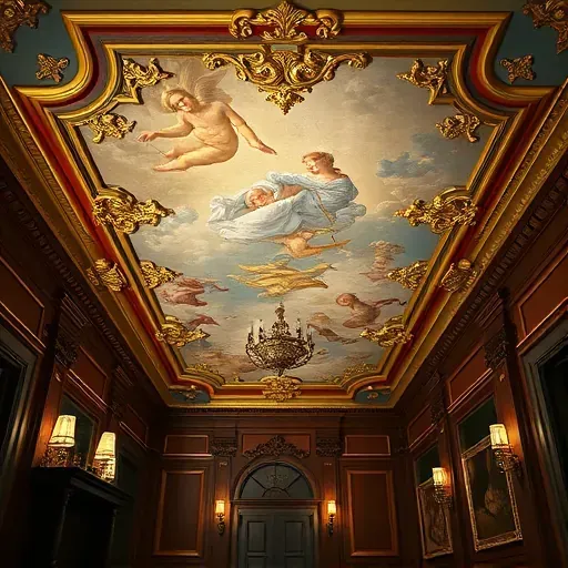 Restored Richmond VA ceiling with gold accents, Renaissance motifs, historic interior, wooden beams, and vintage elegance