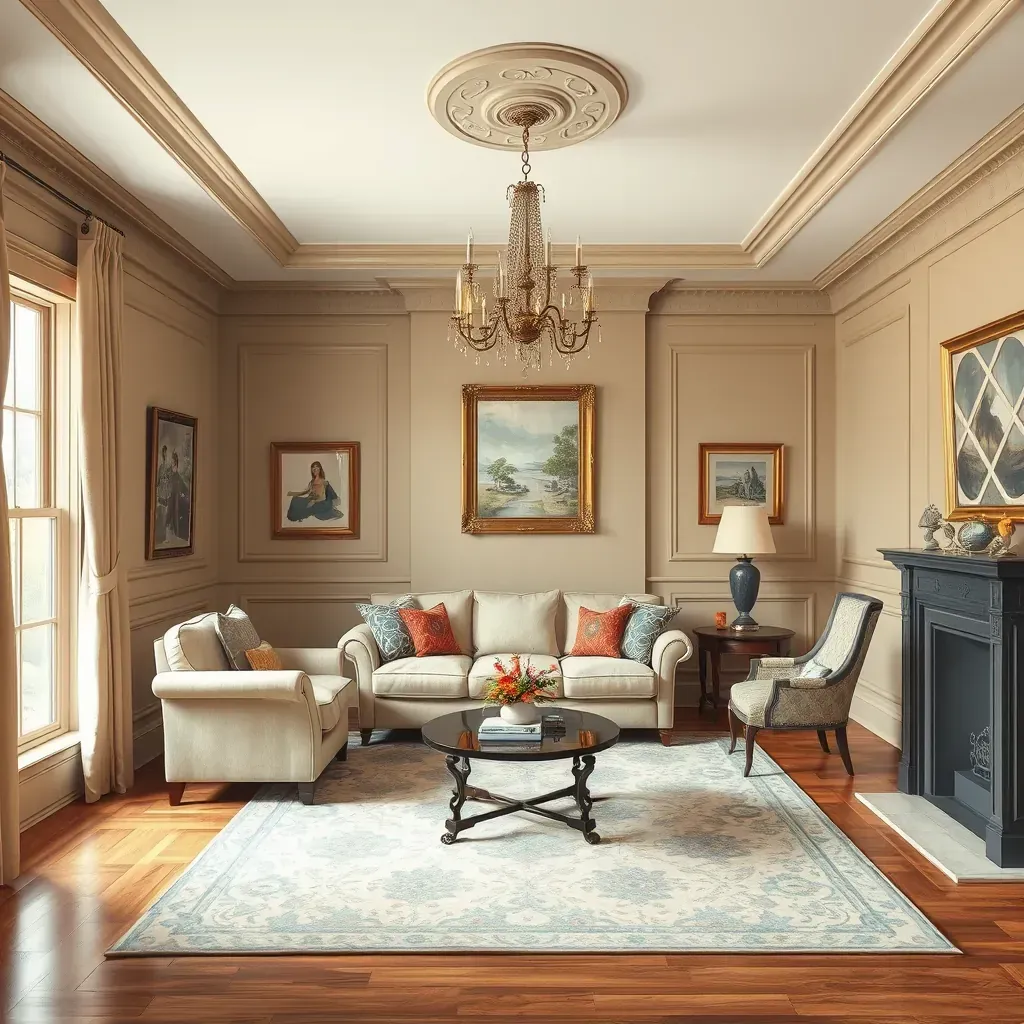 Spacious Petersburg, VA living room with beige walls, white trim, natural light, polished hardwood floors, and painting tools.