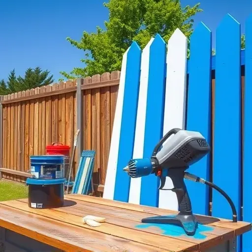 Organized outdoor workspace in Quinton, VA with painted fence panels, paint cans, brushes, sprayer, and lush green background.
