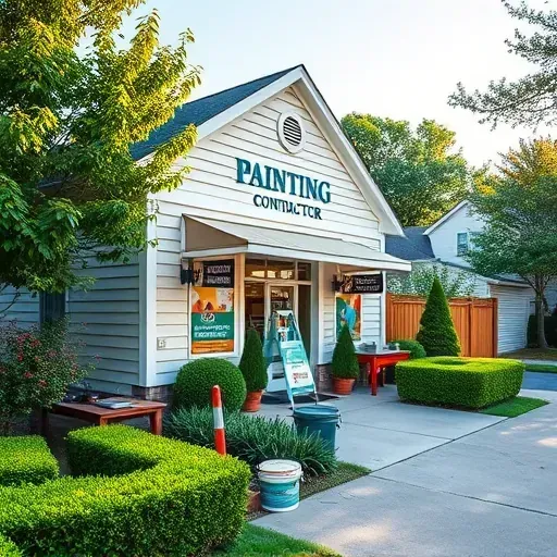 Picturesque Powhatan, VA painting contractor's workshop with vibrant painted walls, tidy tools, lush landscaping, and a welcoming setup.