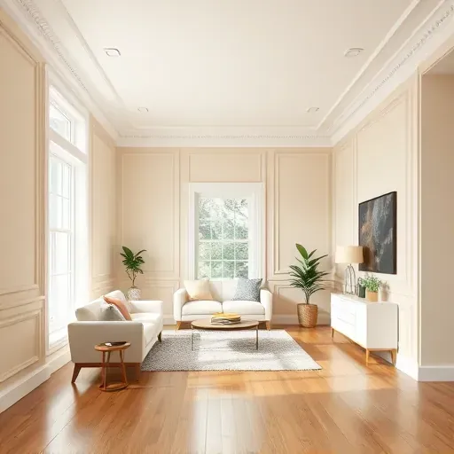 Bright interior of a freshly painted living room in Dumbarton, VA with beige walls, white trim, hardwood floors, and modern decor.