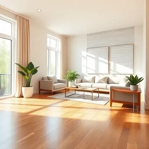 Renovated living room in Bellwood VA with neutral walls, hardwood floors, modern furniture, and stylish textured accent wall