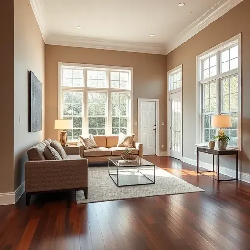 Bright, modern living room in Innsbrook, VA with neutral taupe walls, hardwood floors, sleek furniture, and natural light.
