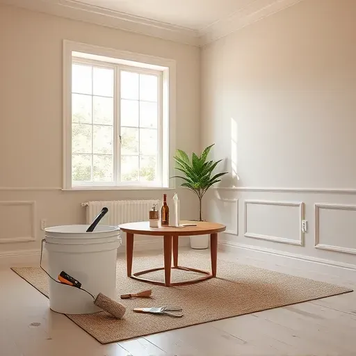 Freshly painted neutral-walled interior room in Chester VA with painting tools, natural sunlight, minimal decor, and organized workspace