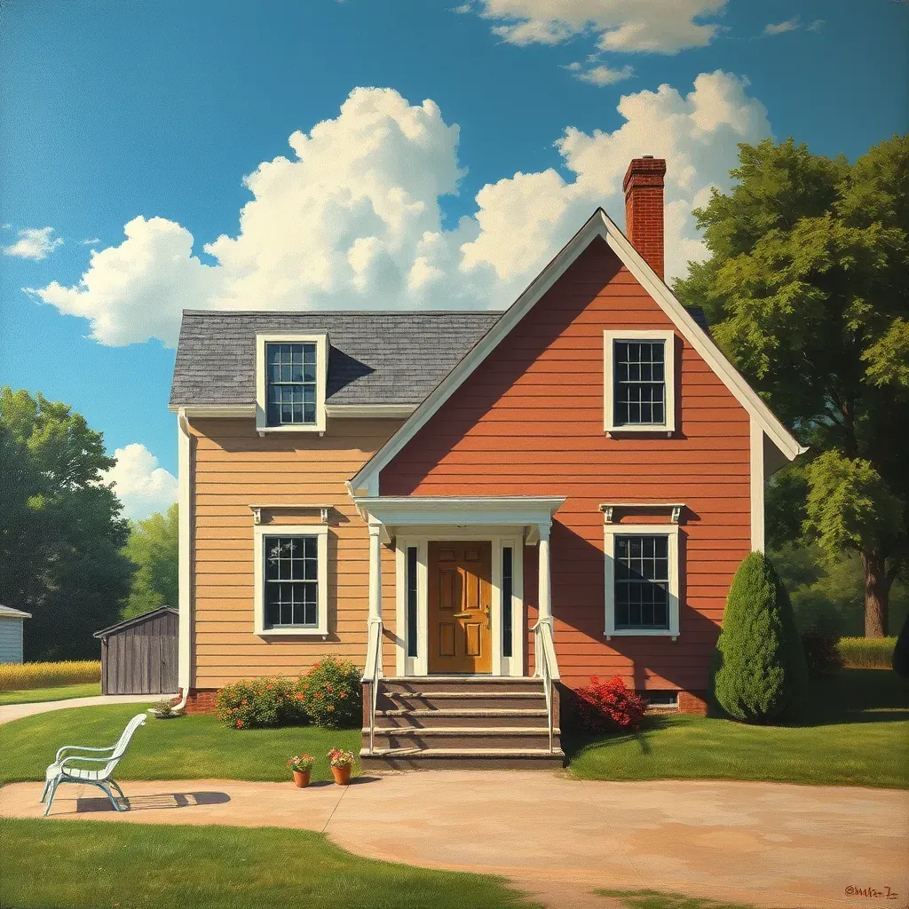 Serene scene in Tuckahoe, VA featuring a Georgian-style brick mansion, lush green lawn, mature trees, rolling fields, and colorful sunset sky.