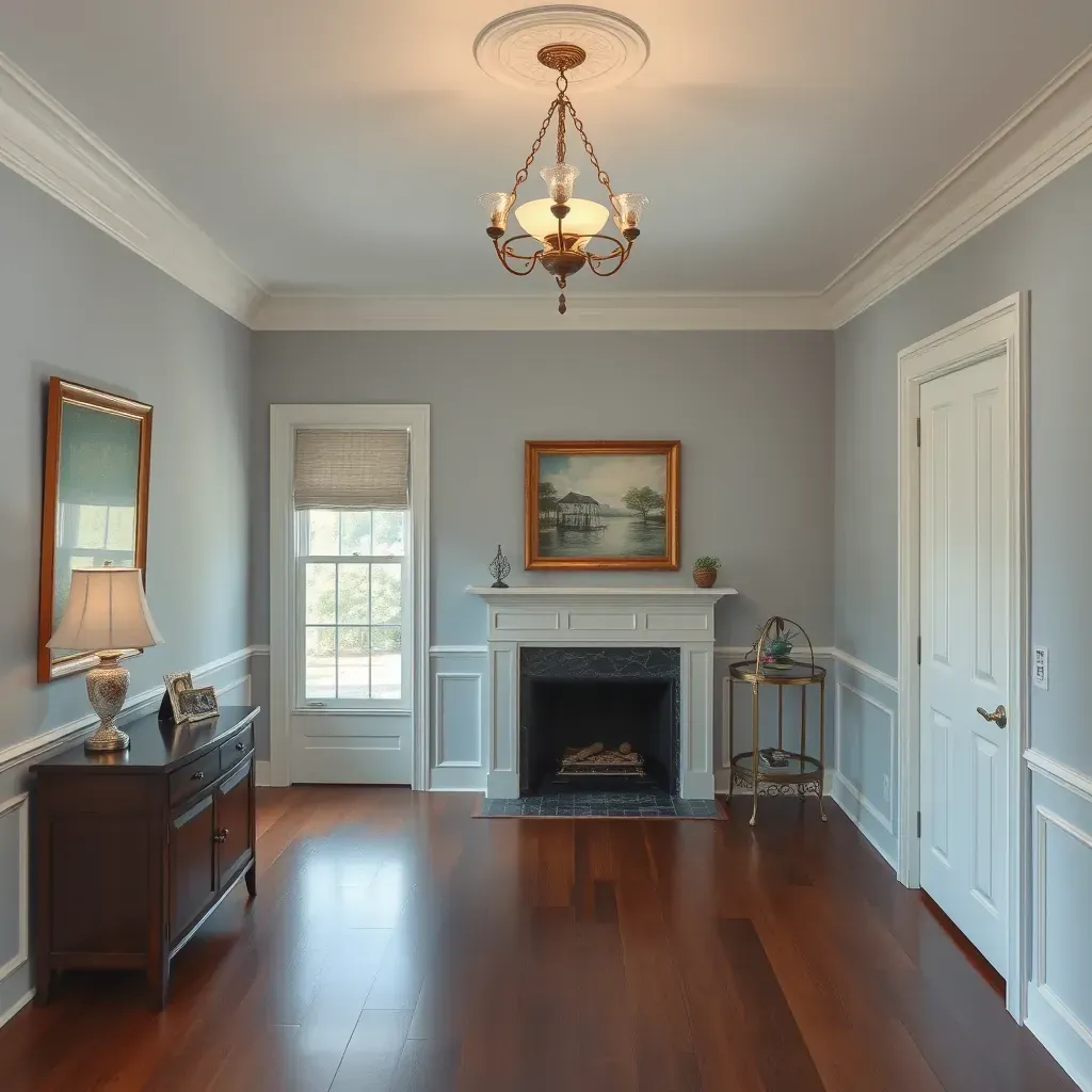 A realistic interior painting scene in a New Kent, VA home, featuring a painter in casual attire painting walls with brushes.