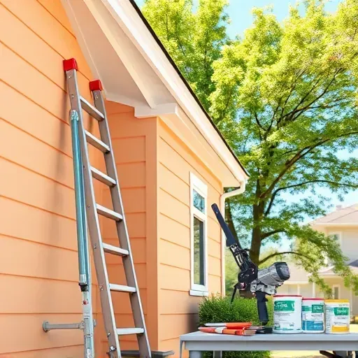 Painted house exterior in Glenburnie, VA with organized tools, vibrant colors, lush trees, and clear sky, showcasing craftsmanship.