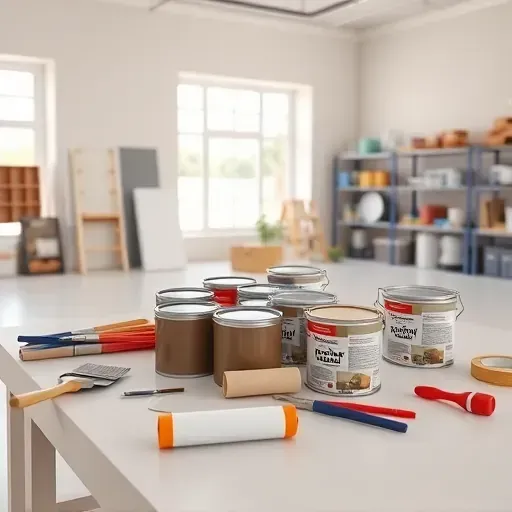 Painting contractor's workspace in Laurel, VA with tools, paint cans, organized shelves, and a freshly painted wall.