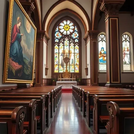 Restored church painting in Richmond VA with detailed artwork, vibrant colors, gilded accents, wooden pews, stained glass windows, and historic interior architecture