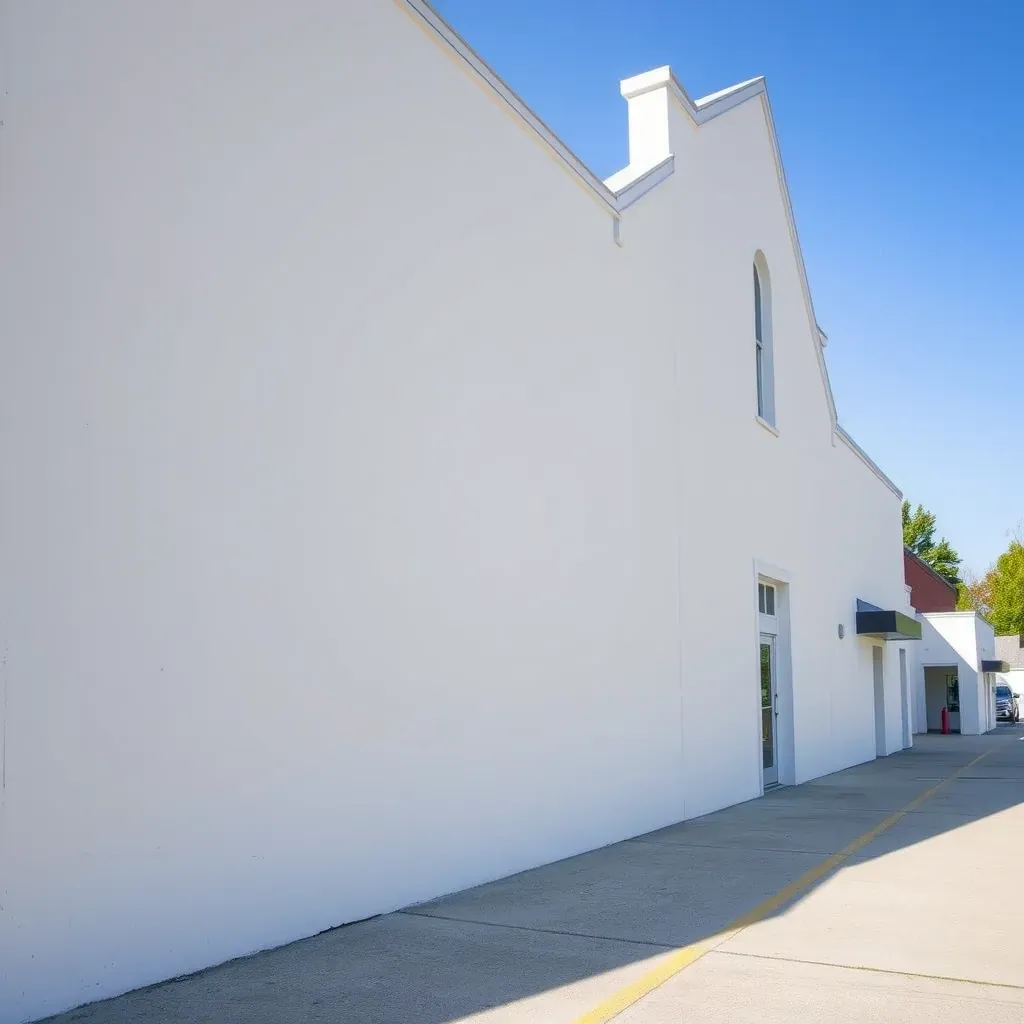 Vibrant, freshly painted commercial building in Richmond, VA with navy blue and white exterior, daytime, lush green trees.