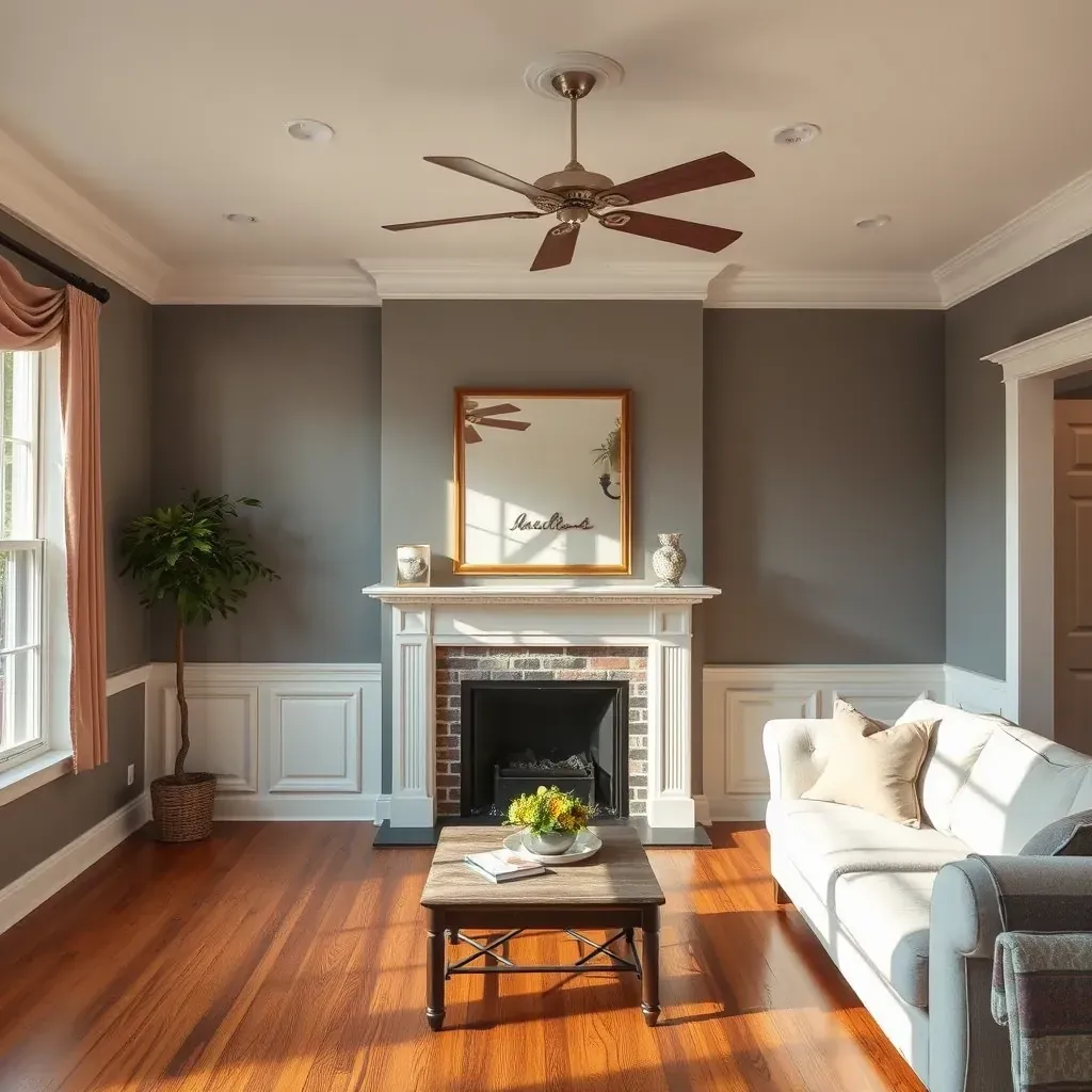 Spacious Laurel, VA living room featuring freshly painted light gray walls, natural light, modern decor, and painting tools.