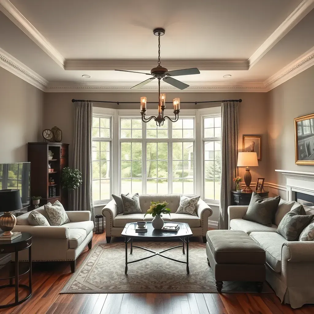 Spacious Wyndham living room with neutral walls, sunlight, crown molding, painter's ladder, brushes, and clean professional finish.